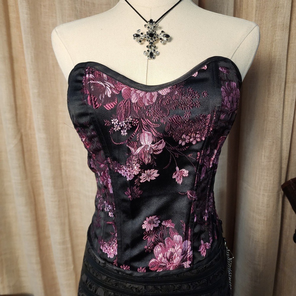 Frederick's of Hollywood Floral Brocade Corset Bustier Y2K Lace Up Top S